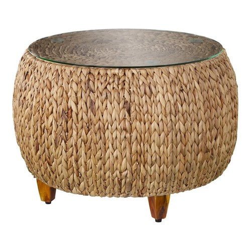 Jokobe Round Water Hyacinth with Tempered Glass Cocktail Table in Natural - Regenerative Marketplace