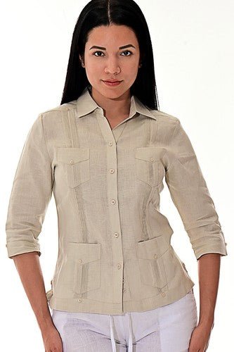 Ladies NATURAL Linen Guayabera Traditional (4) Pocket 3/4 Sleeve Top - LLGB3009 - Regenerative Marketplace