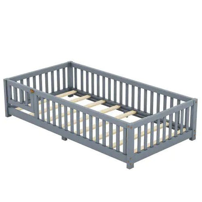 Twin Size Bed Floor Bed With Safety Guardrails And Door For Kids, Gray - Regenerative Marketplace