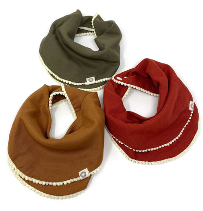 Kishu Baby Indi Girls Pom Pom Bibs - Luxuriously Soft 100% Organic Cotton Muslin Exclusive of Trim - Fairtrade & GOTS Certified Organic Drool Bib with Snaps (Indi Blue Sage Antique Pink) - Regenerative Marketplace