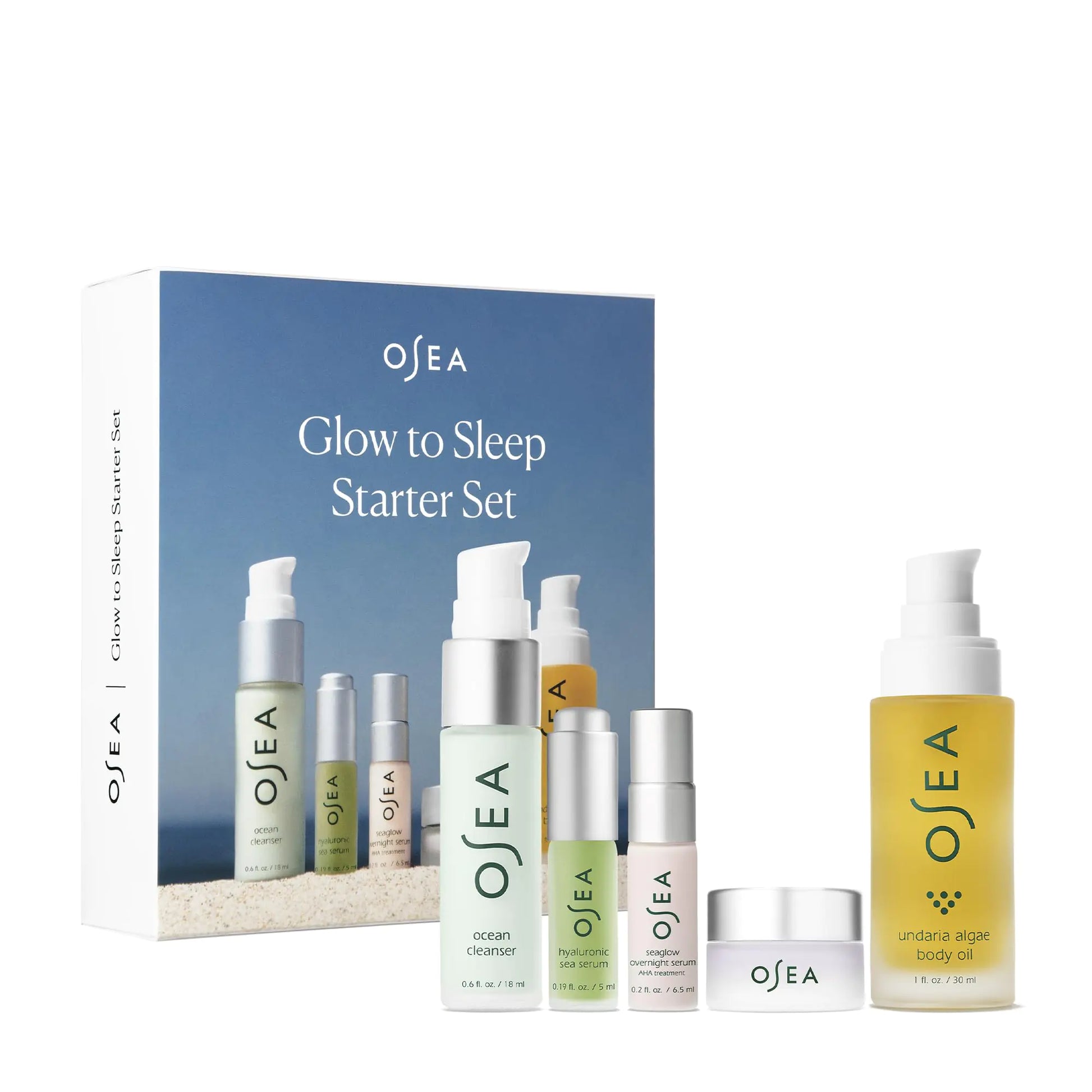 OSEA Glow to Sleep Starter Set - 5 - Piece Travel Set - includes Travel Size Night Time Skincare - Ocean Cleanser Hyaluronic Serum Dream Night Cream Seaglow Overnight Serum & Undaria Algae™ Body Oil - Regenerative Marketplace